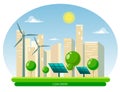 Isolated vector illustration of clean electric energy from renewable sources sun and wind. Power plant station buildings with sola