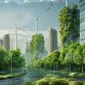 Clean energy city with wind turbines. Renewable and ecological green energy town concept Royalty Free Stock Photo