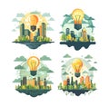 Clean energy cityscapes cartoon style vector concepts. Light bulb skyscrapers high rise buildings, pure green trees Royalty Free Stock Photo