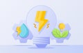 Clean energy power concept lightning in bulb lamp water drop leaf white isolated background with flat style