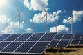 clean energy power concept solar panel with wind turbine and blue sky Royalty Free Stock Photo