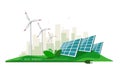 Vector illustration of clean electric energy from renewable sources sun and wind on white. Power plant station buildings with sola