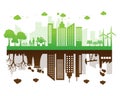 Clean energy trees with urban city pollution. green and dirty building. save energy and environment concept. Royalty Free Stock Photo