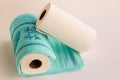Clean face cotton towel in blue color with paper towel on white background Royalty Free Stock Photo