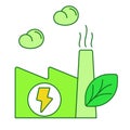 Clean factory concept building pipe smog leaf lightning white isolated background with green theme flat outline style