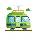 Stylized vector illustration of a green tram with clouds and simplistic design elements on the tracks Royalty Free Stock Photo