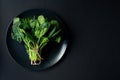 Clean food concept. Bunch of leaves of fresh organic spinach greens in a plate on a black background. Healthy detox spring-summer Royalty Free Stock Photo