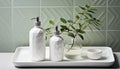 Clean, fresh bathroom with modern glass soap dispenser generated by AI