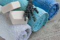 Clean and fresh towels with lavand soaps Royalty Free Stock Photo