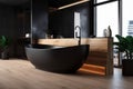 interior furniture design concrete modern black wood home bathroom bathtub luxury. Generative AI. Royalty Free Stock Photo