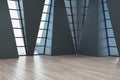 Clean gallery interior with abstract windows, city view and wooden flooring with reflections.