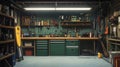 A clean garage with a workbench and labeled bins for tools and Royalty Free Stock Photo