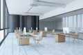 Clean glass corridor office interior with window and city view. 3D Rendering