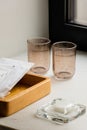 clean glasses near wooden tray with Royalty Free Stock Photo