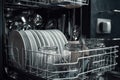 Clean glasses and white ceramic plates in an open dishwasher