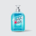 Clean and Go Antiseptic sanitizer label and packaging. Bottle with dispenser and transparent liquid.