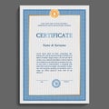 Clean, graphic certificate or diploma template. Blue and gold vertical frame on a gray grid background. Gratitude, victory and Royalty Free Stock Photo