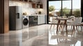 Clean gray marble tile floor in contemporary design kitchen with dining table trolley children high chair white frame reeded glass Royalty Free Stock Photo