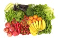 Beautiful flat lay composition with different kinds of mixed fresh fruits, vegetables and herbs assortment on white table top back Royalty Free Stock Photo