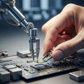 Clean human hand, cropped at wrist, collaborates with a metallic robotic arm to precisely place a microscopic quantum computing ch Royalty Free Stock Photo