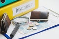 Clean insurance blank, Polish zloty, magnifying glass and wallets