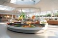 Clean and inviting hospital cafeteria with a variety of nutritious food options, promoting the importance of healthy eating and