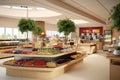 Clean and inviting hospital cafeteria with a variety of nutritious food options, promoting the importance of healthy eating and