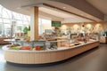 Clean and inviting hospital cafeteria with a variety of nutritious food options, promoting the importance of healthy eating and