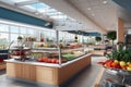 Clean and inviting hospital cafeteria with a variety of nutritious food options, promoting the importance of healthy eating and