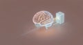 A clean, isometric 3D render of a simplified geometric brain structure connected by glowing, circuit-like lines to a data server Royalty Free Stock Photo