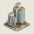 A clean isometric illustration of a modern mixed-use condo or office building on a small urban plot. Features rooftop Royalty Free Stock Photo