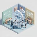 An isometric modern office workspace with employees collaborating around digital dashboards, laptops, and cloud connected screens Royalty Free Stock Photo