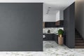 Clean kitchen studio interor and blank black wall