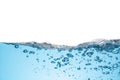 Clean light blue water wave and bubbles air isolated on white background Royalty Free Stock Photo
