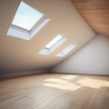 A clean, light-filled attic space with a single skylight, casting a bright patch of natural light on a warm wooden Royalty Free Stock Photo