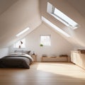 A clean, light-filled attic space with a single skylight, casting a bright patch of natural light on a warm wooden Royalty Free Stock Photo