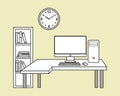 Clean line home office workstation with desktop computer, keyboard, mouse, bookshelf, and wall clock illustration Royalty Free Stock Photo