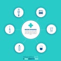 Clean medicine infographics template with Pharmacy and Medical Linear Icons. Concept For medical help. Flat vector Royalty Free Stock Photo