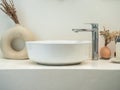 Clean minimal style powder room or bathroom interior with modern round sink basin, faucet, green leaves in modern design pots on. Royalty Free Stock Photo