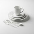 Stack of White Ceramic Plates and Mug with Silverware on White Surface saucer bowl Royalty Free Stock Photo