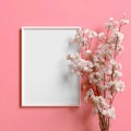 Blank White Frame with Delicate White Flowers on Pink Background Royalty Free Stock Photo