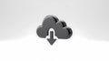 Clean, minimalist 3D render of a black, stylized cloud icon with a bold, downward-pointing arrow, symbolizing data download Royalty Free Stock Photo