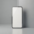 Clean minimalist smartphone mockup with blank white screen. Modern mobile device isolated on light grey studio background. Use Royalty Free Stock Photo