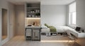 Modern Studio Apartment with Integrated Kitchenette and Workspace Royalty Free Stock Photo