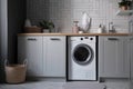 Beautiful laundry room design with modern washer and dryer set Royalty Free Stock Photo