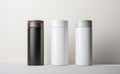 Clean mockups for cosmetic products. Three clean plastic cans for shampoo, conditioner and hair mask. Mockups for hair