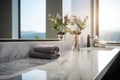 A clean and modern bathroom interior design, complete with a vanity table and essential hygiene accessories