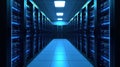 Data center corridor with server racks providing cloud computing and information technology infrastructure and cybersecurity Royalty Free Stock Photo