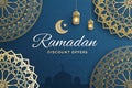 Ramadan discount offers. A beautiful graphic design with intricate golden mandala patterns, hanging lanterns, a crescent moon, Royalty Free Stock Photo