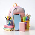 School supplies backpack, phone, books, pencils, pens, and eraser on white background Royalty Free Stock Photo